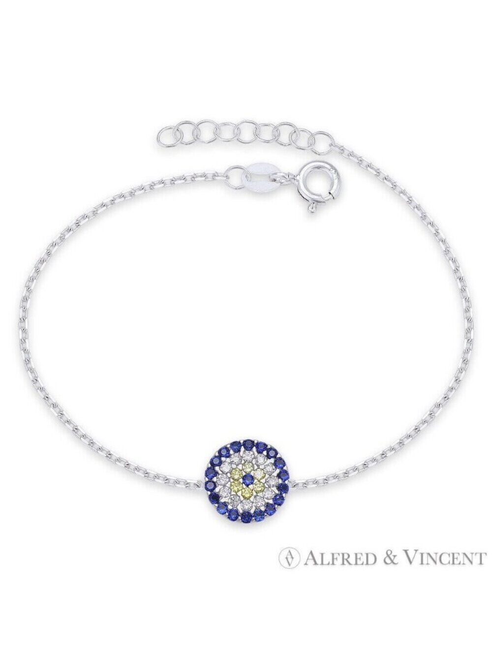 Evil Eye Turkish Nazar Charm Bracelet w/ CZ Crystals in .925 Sterling Silver